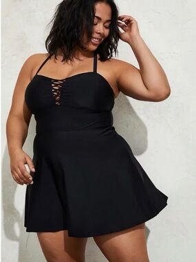 Torrid Black Criss Cross Lattice Peplum Women's Swimdress
